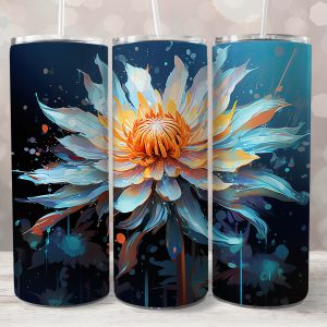 watercolor blue sunflower tumbler wrap. single flower on blue background